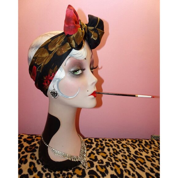 Vintage Kathie Lee Collection Extra Large Floral Scarf black roses head wrap bow - Picture 5 of 16